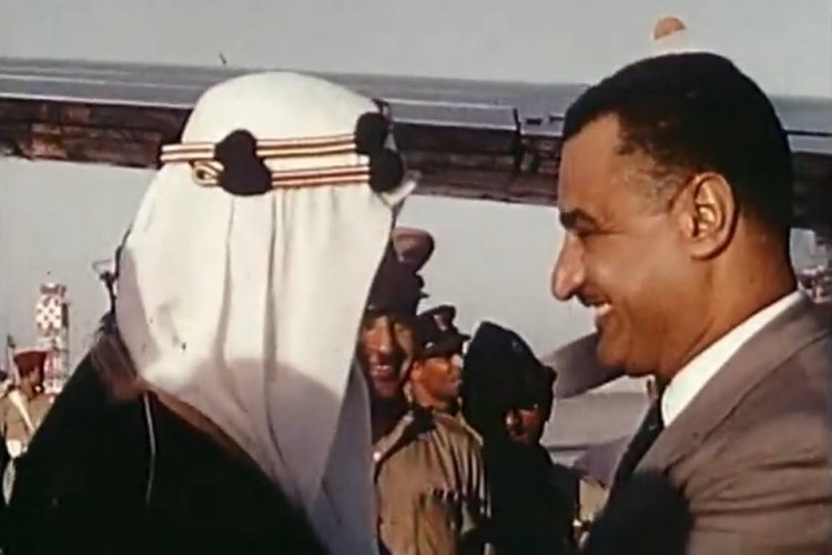 King Saud Receives President Nasser at Dhahran Airport.